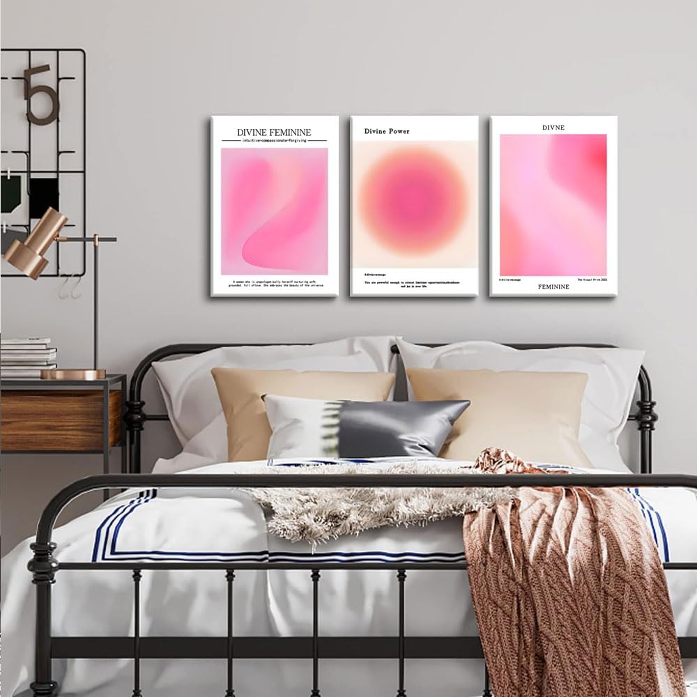 Trendy Aesthetic Canvas Wall Art Set of 3 - Pink Gradient Aura Angel Posters | Framed 12x16 Inch Decor