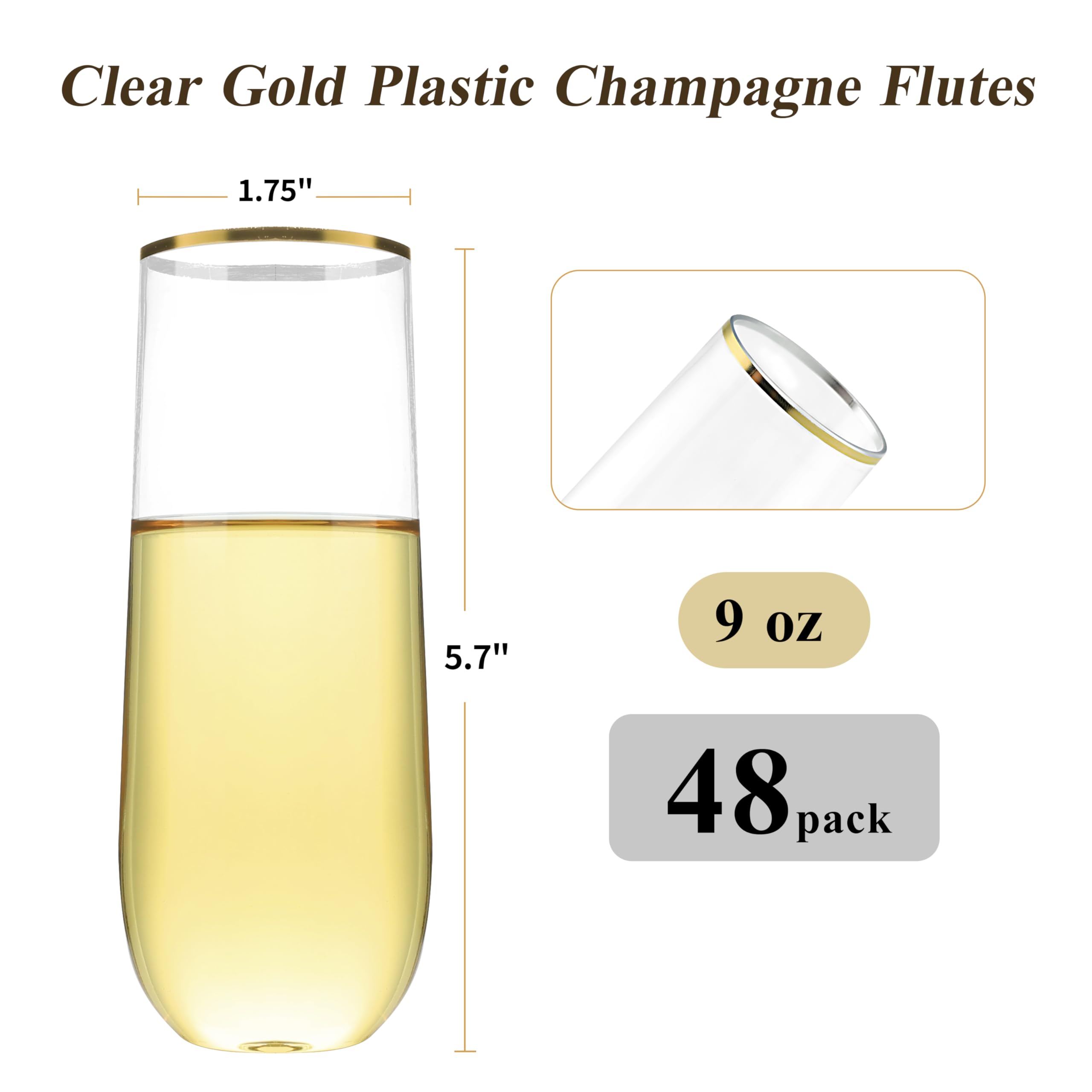 Bestluck 48 Pack 9 oz Stemless Plastic Champagne Flutes, Clear Disposable Champagne Glasses Gold Rim, Shatterproof and BPA-Free Drinkware for Party & Graduation & Wedding