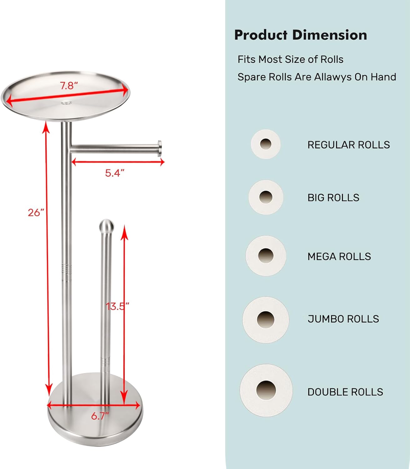 Skiennix Freestanding Toilet Paper Holder - Stylish Storage Stand for 4 Extra Rolls | Brushed Nickel Finish