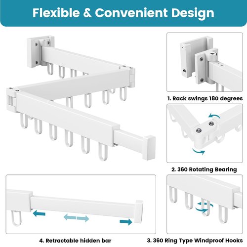 Abiglifty Clothes Drying Rack Wall Mounted, Laundry Drying Rack Collapsible, Foldable & Retractablewith 18 Hooks for Indoor/Outdoor Use inLaundry Room, Bathroom & Balcony (White)