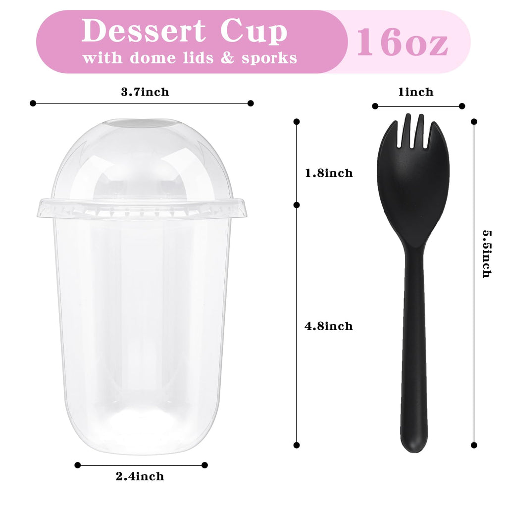 Kosotody 50 Pack 16oz Clear Plastic Parfait Cups with Dome Lids (No Hole) and Sporks Disposable Fruit Cups for Dessert,Yogurt,Pudding,Snacks,Fruits,Bakeries,Ice Cream