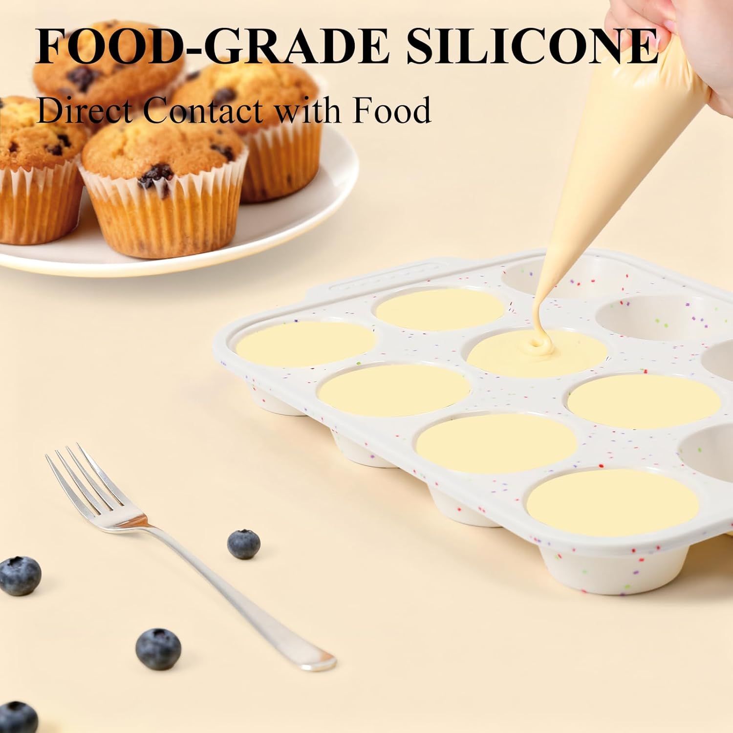 Vinino Silicone Muffin Pan - 2-Pack Nonstick Baking Tray with Metal Reinforced Frame | 12 Cups, BPA Free
