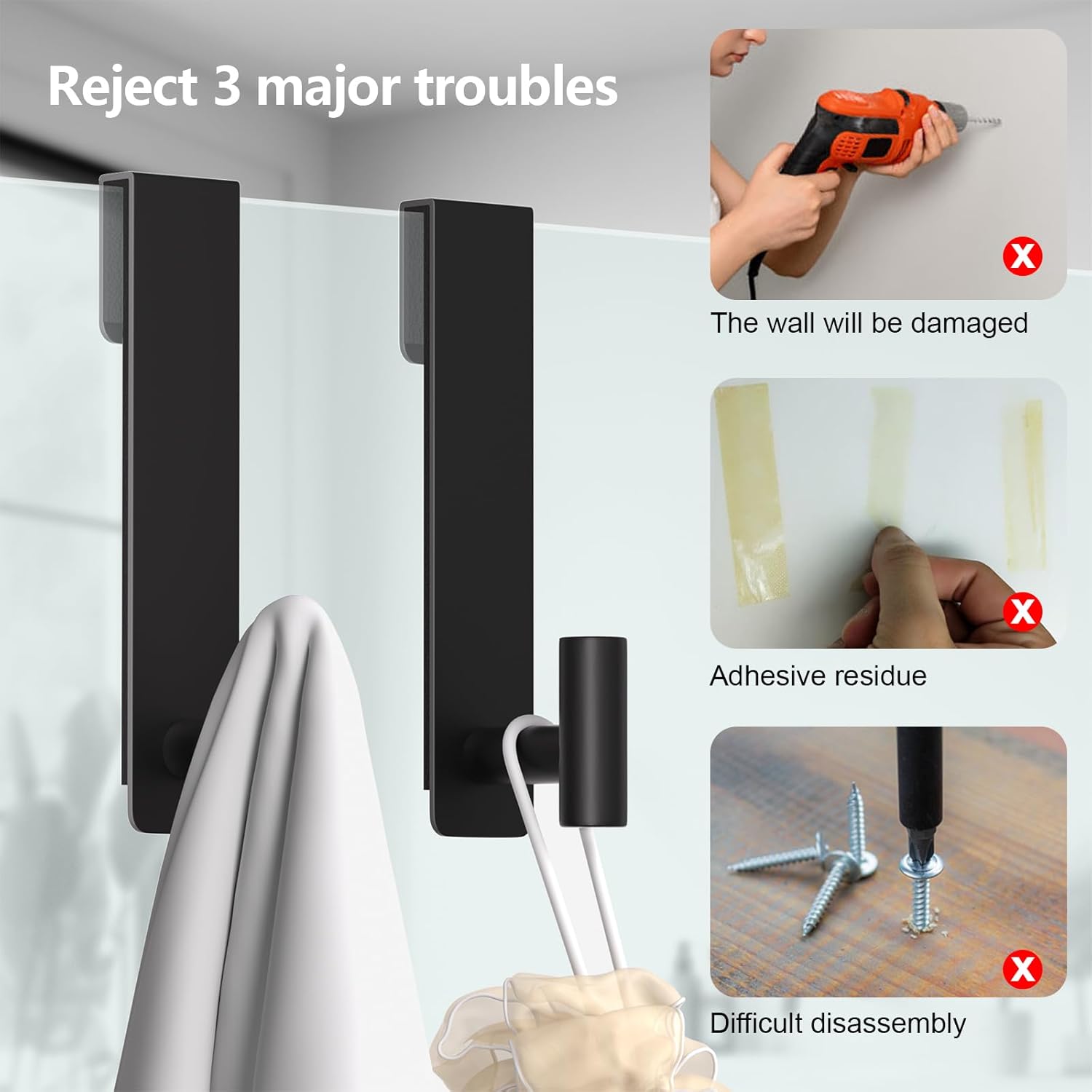 PMMASTO Shower Door Hooks - Heavy Duty Stainless Steel Towel Hangers for Frameless Glass Doors | 7.5 Inch, Black 'T' Shape (2 Pack)