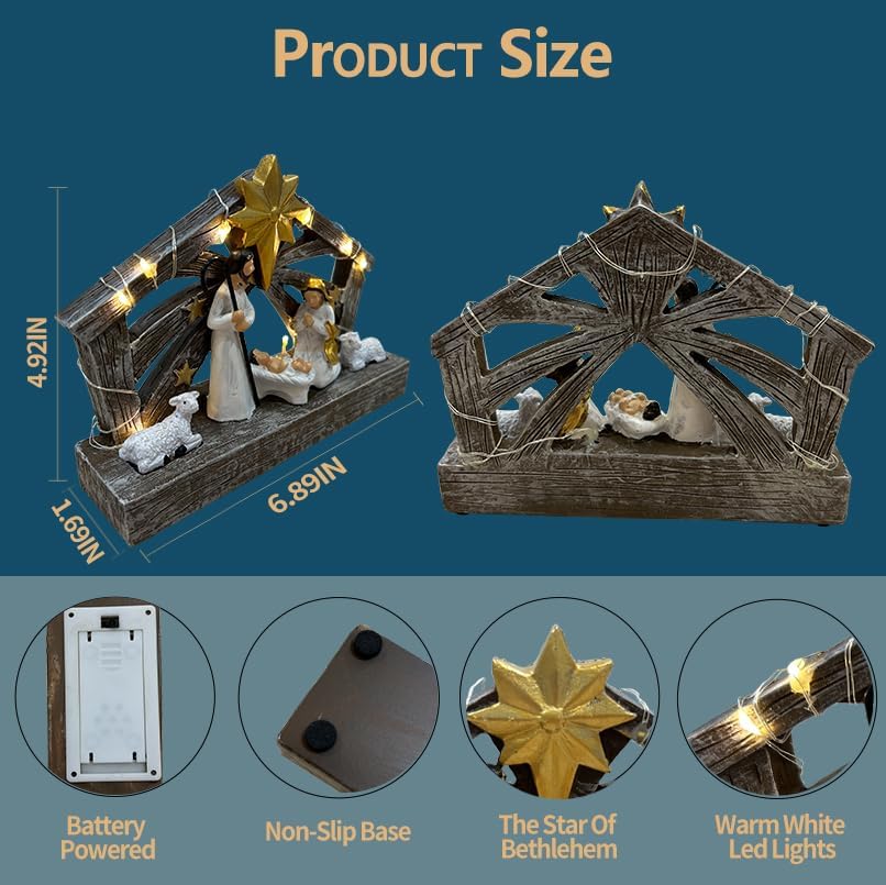Nativity Scene | Hand-Painted Resin Figures with Lights - First Christmas Story Decoration for Indoor Display