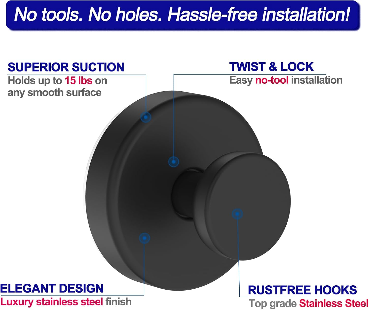 Skiennix Suction Cup Hooks - Removable Towel Hooks for Bathroom & Shower | 4 Pack, Black