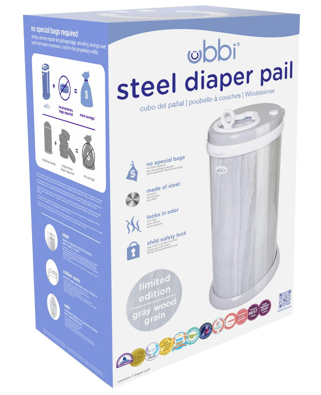 Ubbi Steel Diaper Pail - Odor Locking Design | No Special Bag Required | Woodgrain Finish