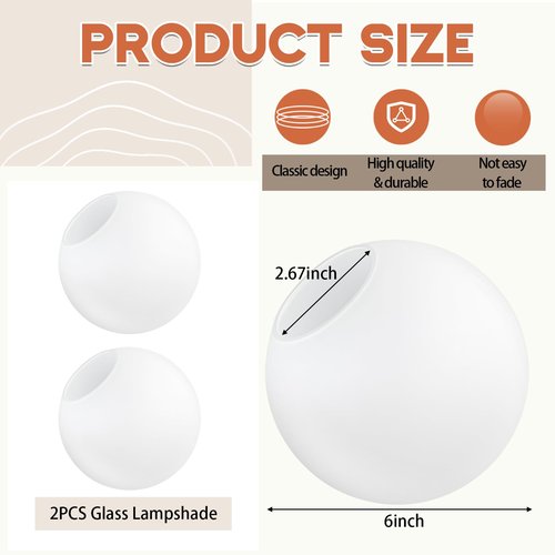 Retisee 2 Pcs 6 Inch Glass Lamp Shade Replacement Milky White Glass Globes Shade Frosted 2.67 Inches Fitter Opening Lighting Fixture Replacement Light Bulb Cover