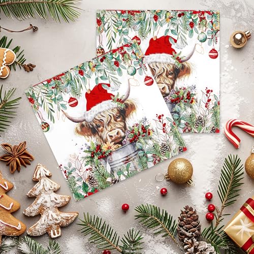 Christmas Highland Cow Paper Napkins - Disposable Holiday Party Decor 80 pcs