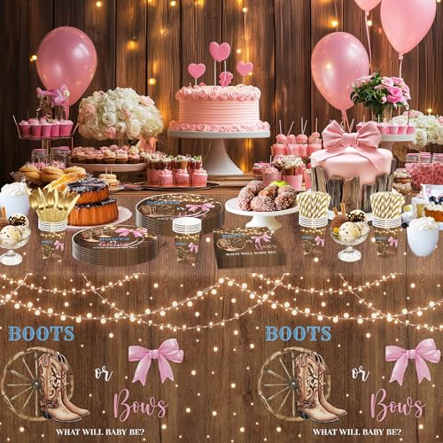 Boots or Bows Gender Reveal Tablecloth Set - 3pcs, 86x55in