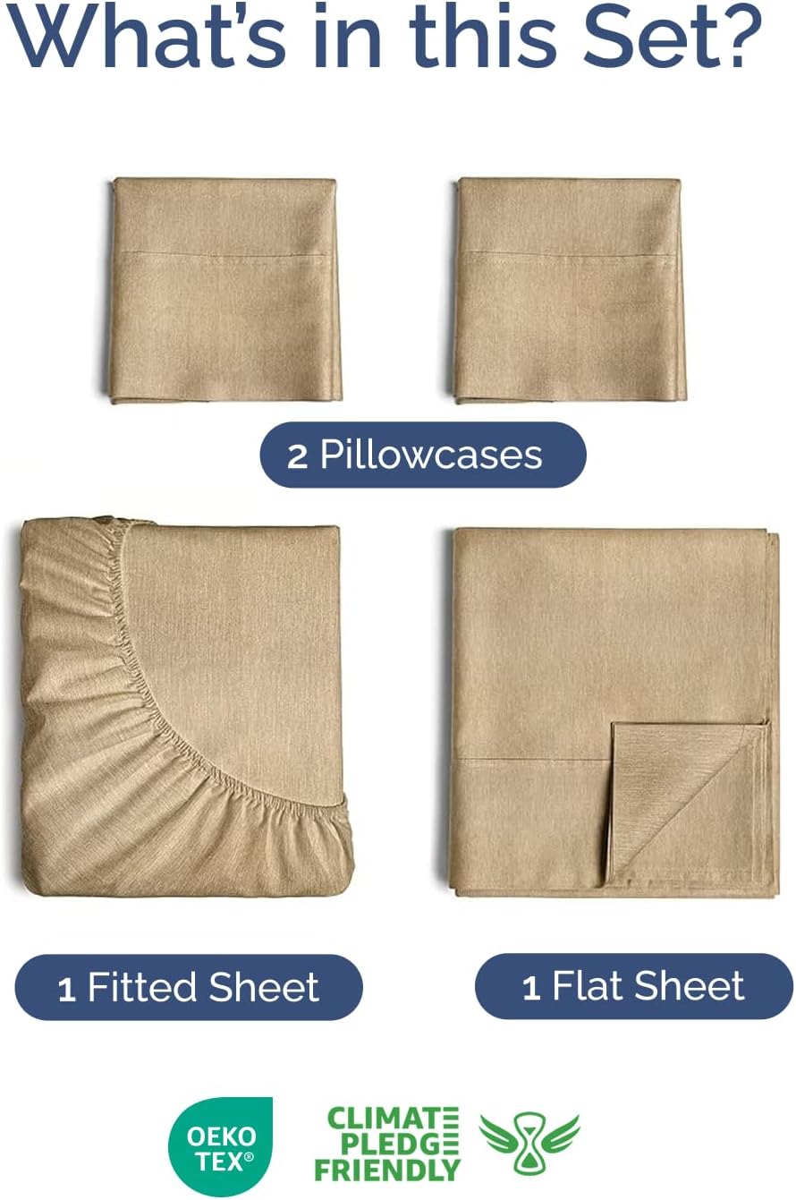 Skiennix Extra Deep Twin XL Sheet Set - 4 Piece Breathable Cooling Bedding - Soft Wrinkle-Free Heathered Tan