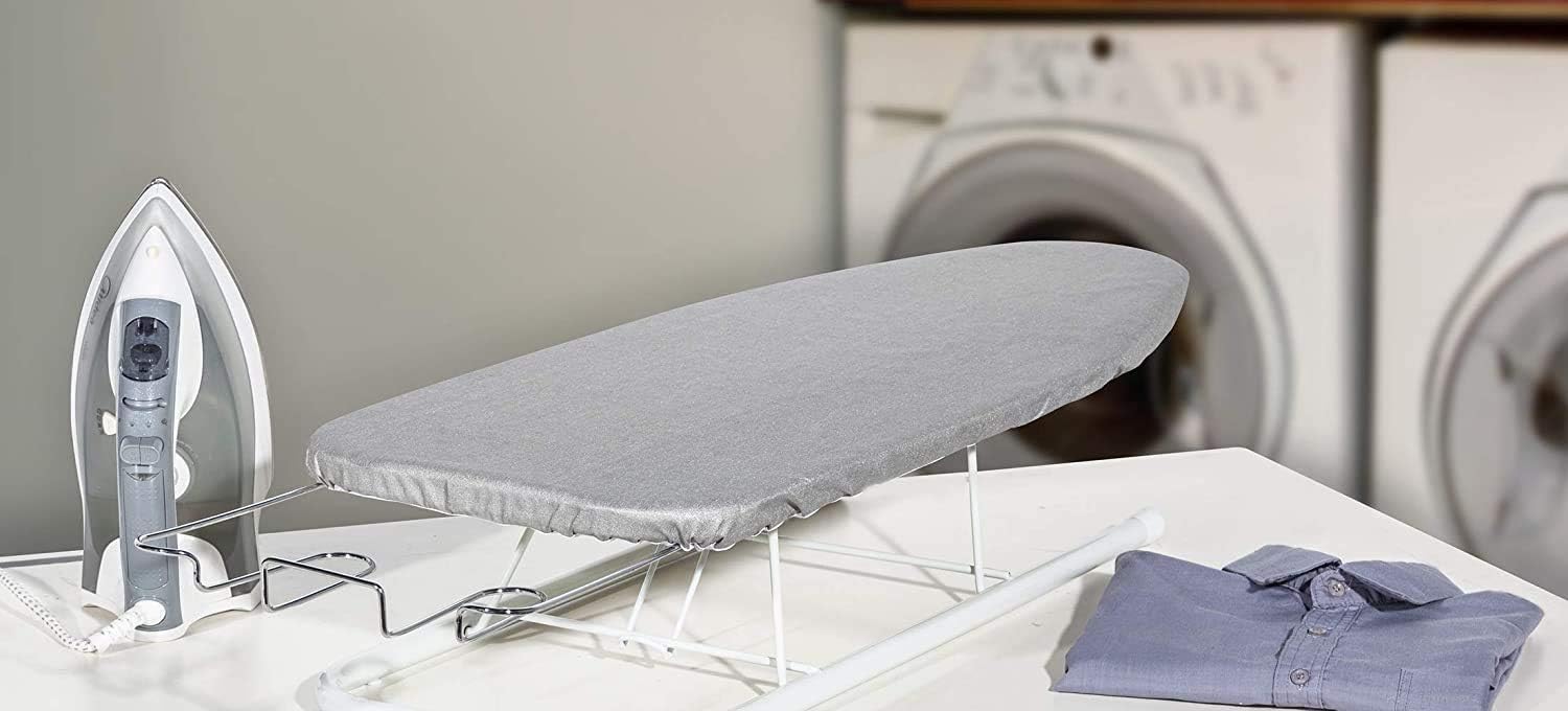 STORAGE MANIAC Tabletop Ironing Board - Durable All-Iron Frame with Iron Rest & Silver Metallic Cover - Silver Grey