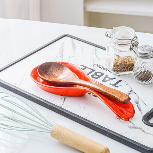 Maxramic Ceramic Spoon Rest for Stove Top, Golden Rim Spoon Holder Utensil Rest, Cute Spoon Rests for Coffee Bar (Red)