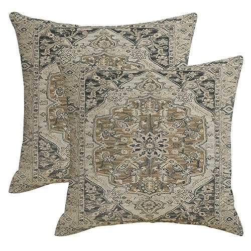 Boho Throw Pillow Covers Set of 2 | 18x18 Black Gold Grey Linen
