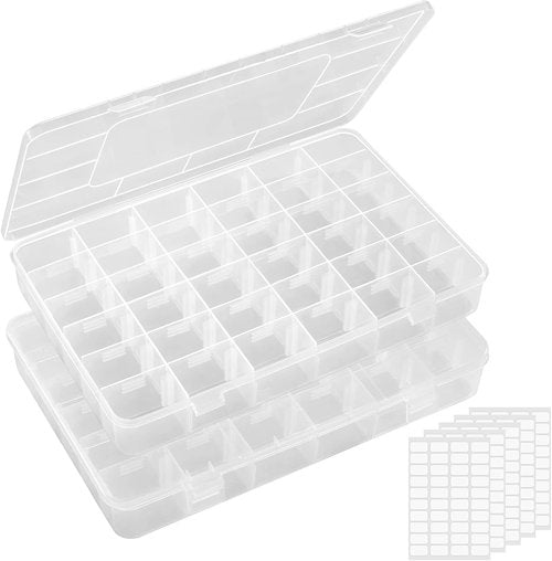 Lifewit 36-Grids Clear Plastic Organizer Box - Stackable Storage with Adjustable Dividers & Labels | 2-Pack for Crafts, Jewelry & More
