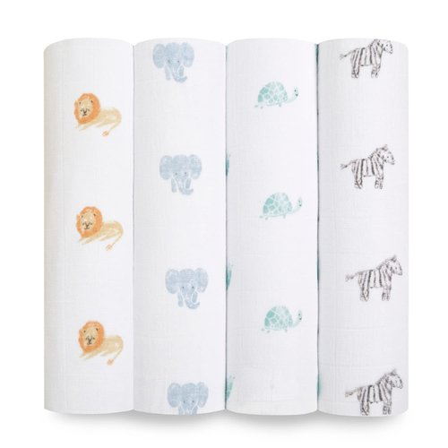 aden + anais Boutique Organic Swaddle Blanket 4-Pack – 100% Organic Cotton Muslin, Large, Soft, Breathable Receiving Blankets for Infants – Lightweight Multi-Use Baby Swaddles, Animal Kingdom