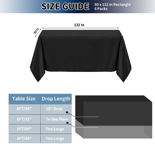 PureFit 6 Pack Rectangle Black Table Cloths 90 x 132 Inch for 8Ft Tables, Stain and Wrinkle Resistant Table Linens for Home Use, Wedding, Party, Banquet and Camping
