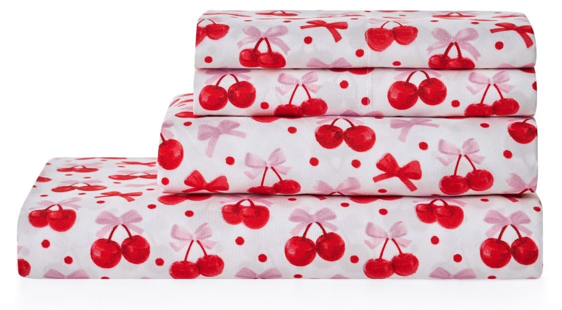 Paris Hilton Queen Size Sheets Set – 4 Piece Bed Sheets with Fitted Sheet, Flat Sheet, 2 Pillow Covers, Fits up to 15" Mattress Deep Pocket Queen Sheet Set for Women, Cherries, Red