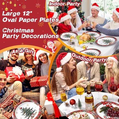 Christmas Oval Paper Plates 12 x 10 Inches Disposable Holiday Tableware Set of 50