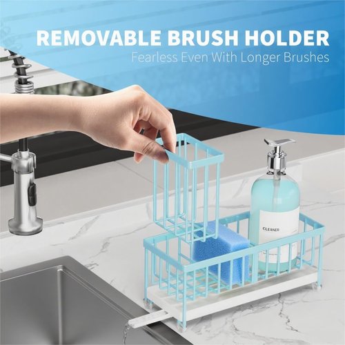 Cisily Kitchen Sink Caddy Organizer - Rustproof 304 Stainless Steel Sponge Holder | Blue, 9.25”