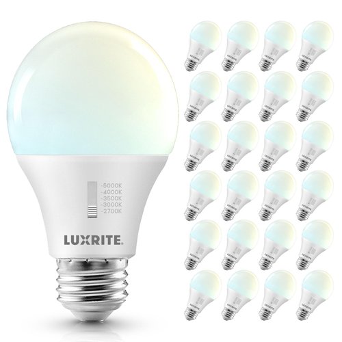 LUXRITE A19 LED Light Bulb 60 Watt Equivalent, CRI90, 5CCT Selectable 2700K 3000K 3500K 4000K 5000K, Dimmable, 800LM, Standard LED Light Bulbs 9W, E26 Base, CEC Title 20, ETL Listed (24 Pack)