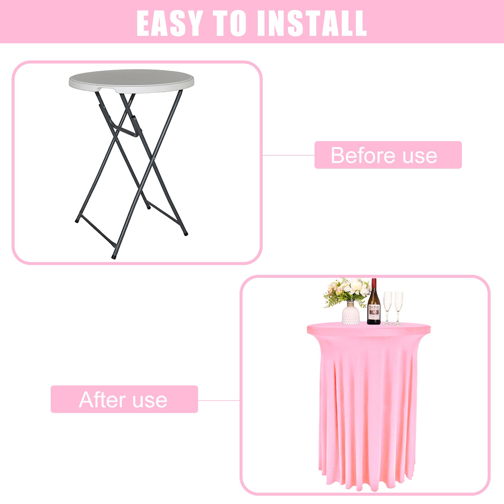6 Pack Round Cocktail Tablecloth 32"x 43" Spandex Cocktail Table Skirt, Washable Stretch Fitted Table Covers for High Top Bar, Wedding, Party, Events (Pink)