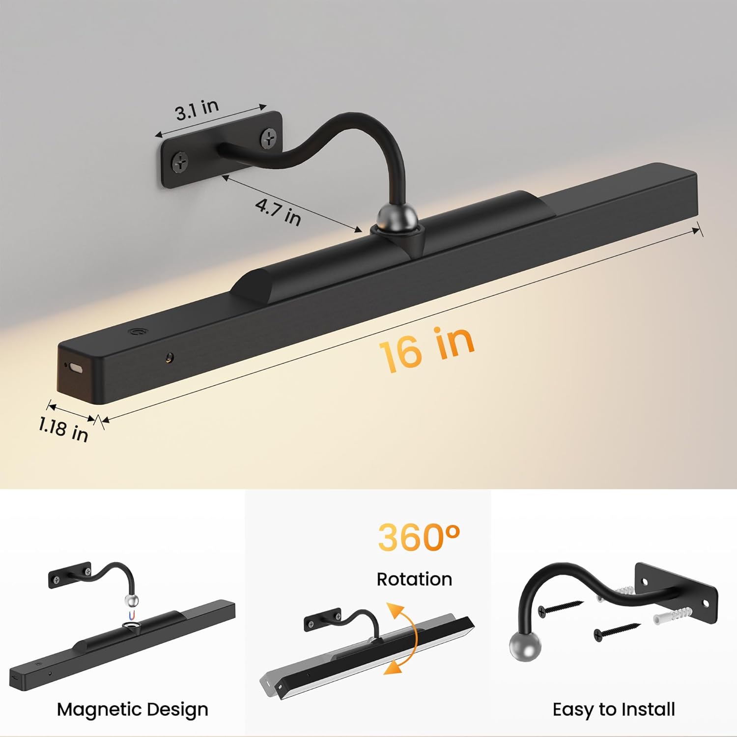 Skiennix 16-Inch Battery Operated Picture Light - Dimmable Cordless Art Light for Wall Decor | Black, 5000mAh