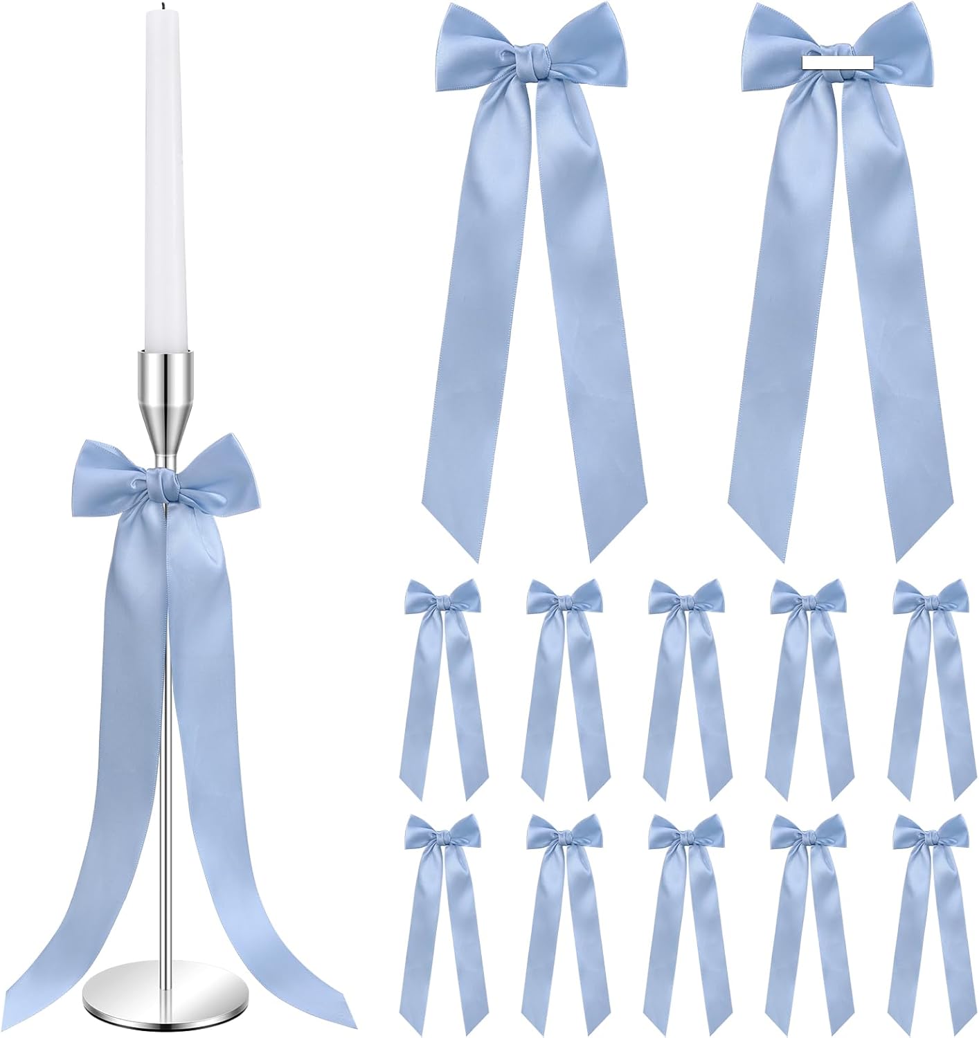 Teenyyou 12 Pcs Dusty Blue Candlestick Bows - 13 Inch Large Coquette Table Decor for Weddings & Parties