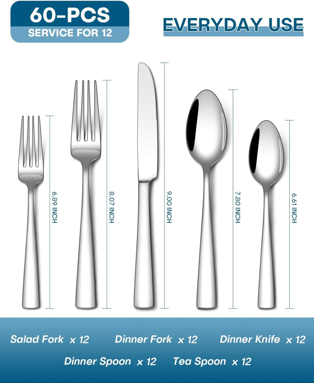 Stapava 60-Piece Silverware Set - Food-Grade Stainless Steel Flatware for 12 | Mirror Polished & Dishwasher Safe