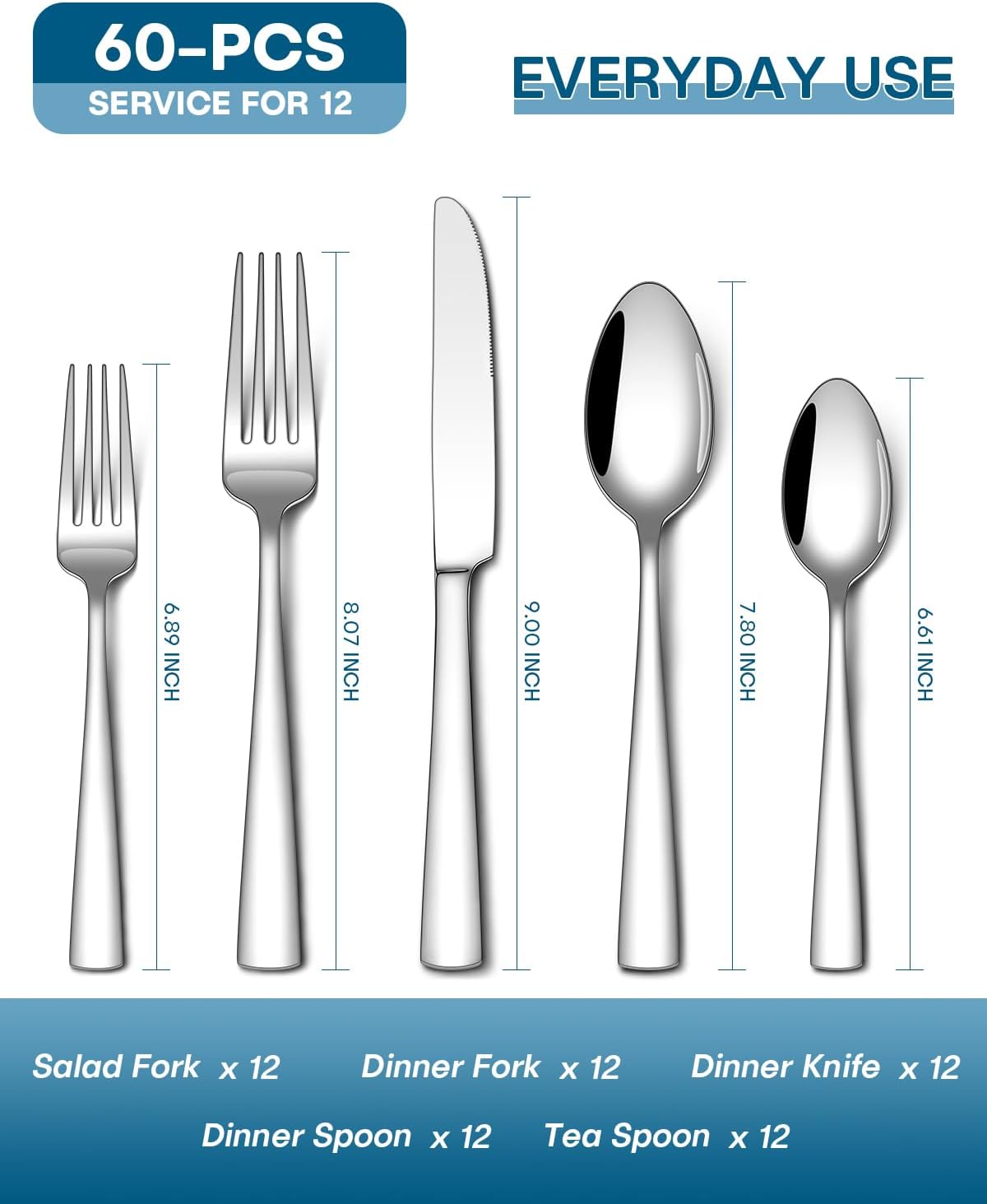 Stapava 60-Piece Silverware Set - Food-Grade Stainless Steel Flatware for 12 | Mirror Polished & Dishwasher Safe