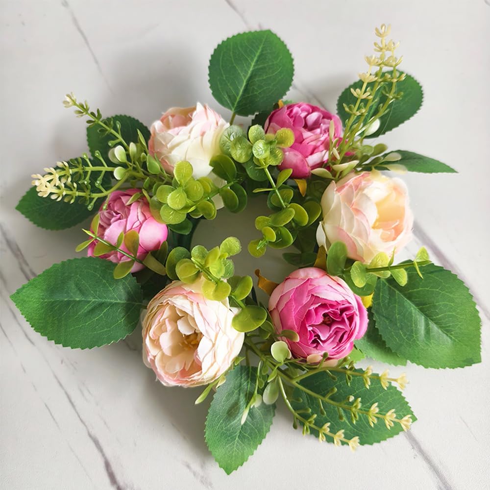 Peony Flower Candle Rings by [Brand Name] - Spring Wreath Centerpieces | 10.2" Pink Artificial Floral Decor