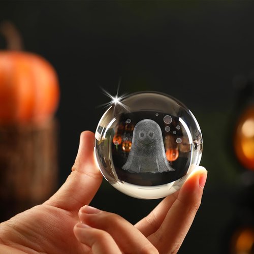 YummyCarrot 3D K9 Ghost Crystal Ball Night Light,2.36inch Smiling Spooky Ghost Crystal Lamp with Wooden Base for Birthday Gift, Birthday Lamp, Birthday Decor