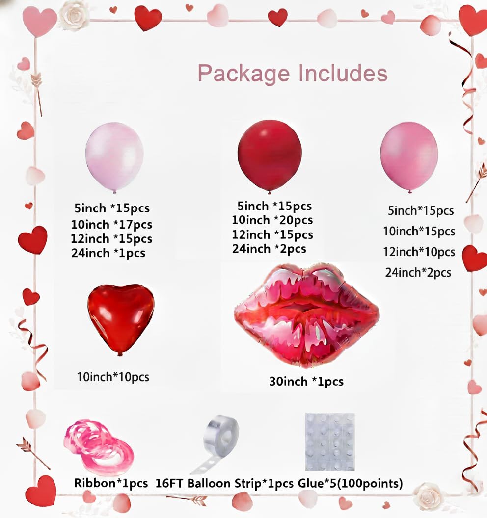 PTGOLUO 153pcs Valentines Day Balloons Garland Arch Kit, Pink Red Rose Red Heart Balloons Lips Balloon 30'' 24" 10" 5" for Galentine's Day Birthday Wedding Anniversary Engagement Party Decor