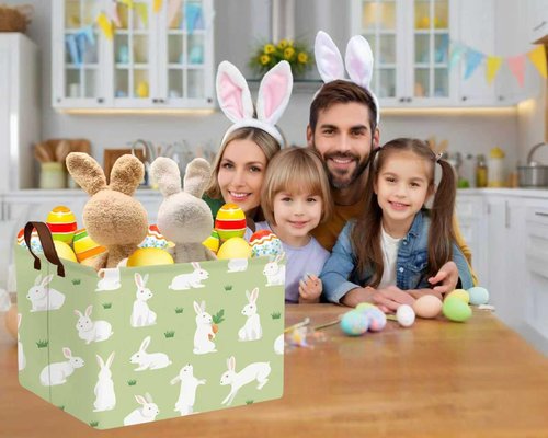 BOOHIT Large Easter Baskets Empty Boy Toy Storage Bin Girls collapsible kid Hamper Baby Waterproof Storage Box Spring Gifts Decor(White Rabbit Holding Carrot)