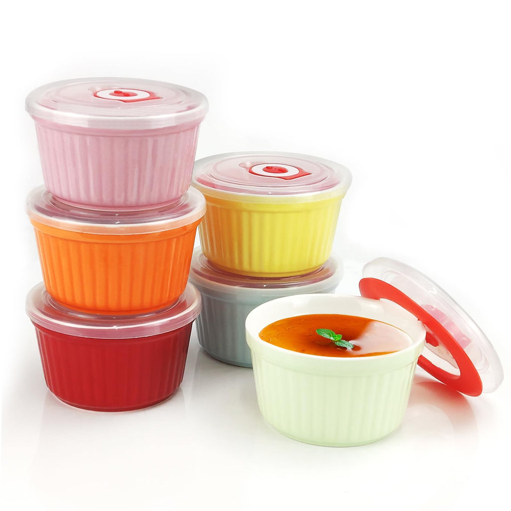 Ramekins with Lids 8 Oz - Set of 6, Ceramic Souffle Creme Brulee Ramekins with Covers, Colorful Custard Cups for Baking, Ceramic Custard Cups Safe and Dishwash Safe