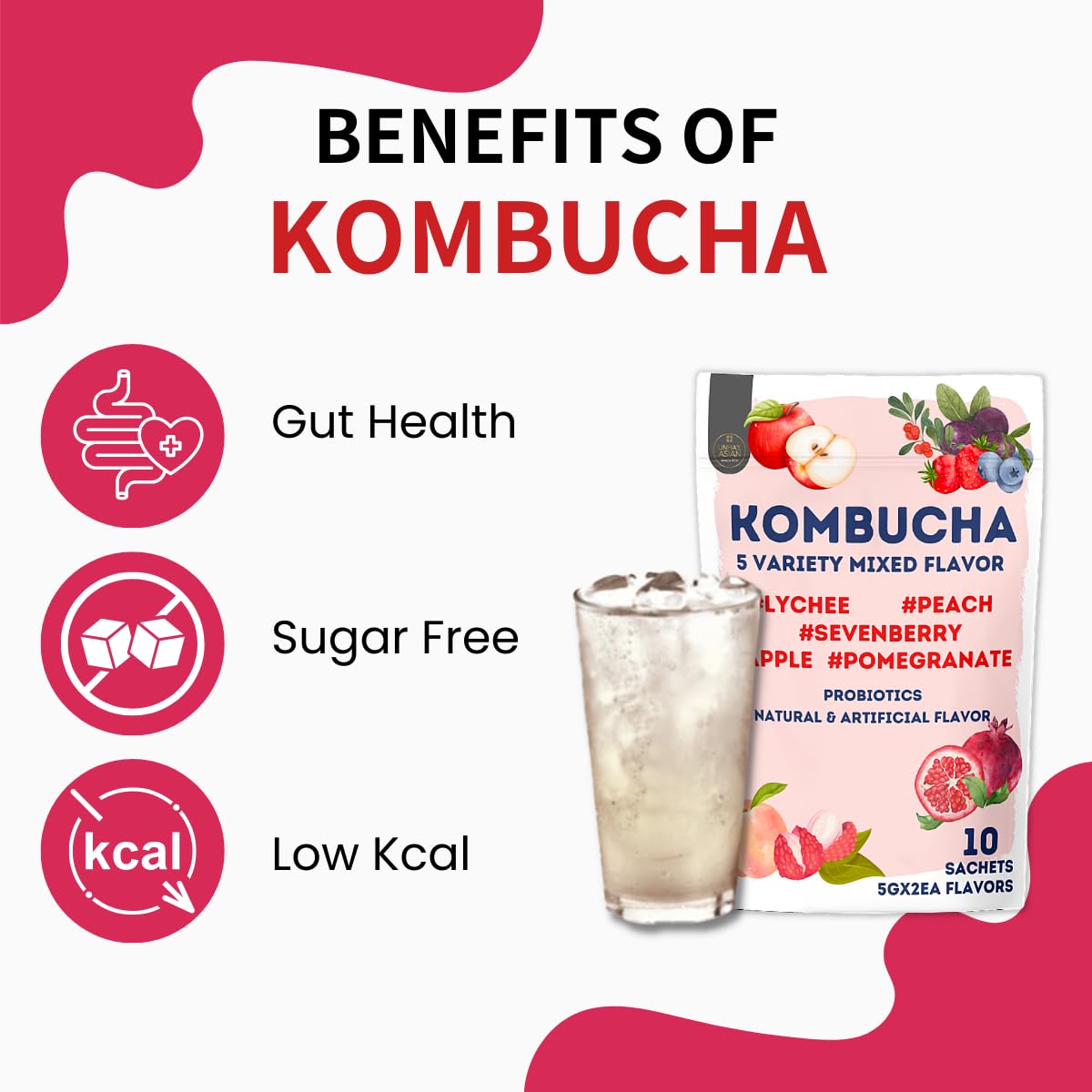 Korean Kombucha Tea, Powder 5g x 10 Sachets (50g/3.52oz) Probiotics, Prebiotics, Sugar Free, Diet Tea, Healthy Drink (5 Variety Flavor)
