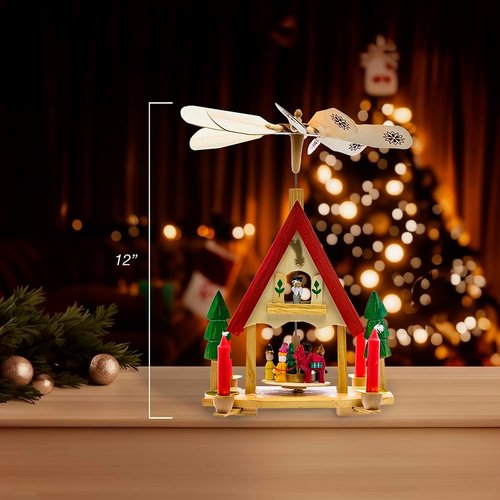 Kurt Adler Alpine House Carousel | 12-Inch Wooden Decor with Candles for Holiday Cheer