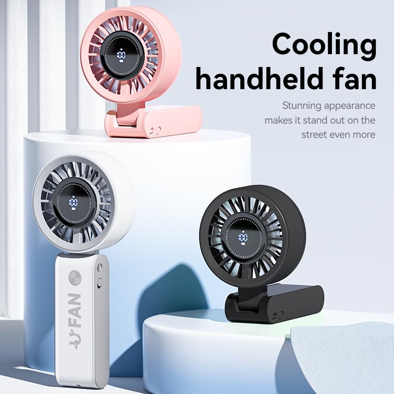 Portable Handheld Fan with LED Display - 5-Speed, 10-Hour Battery, Foldable Design (Pink)