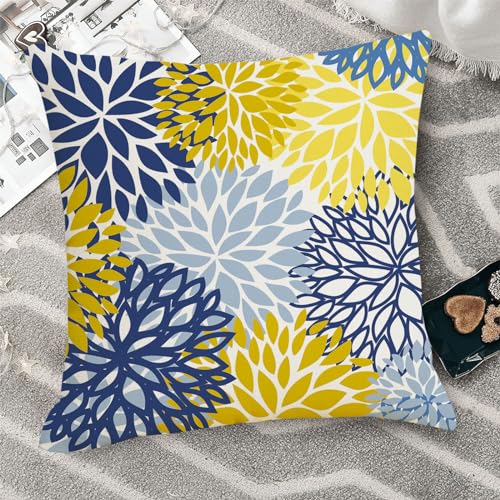 AWJTNCQ Dahlia 18x18 Inch Set of 2 Spring Floral Pillow Covers - Yellow & Blue Geometric Farmhouse Linen Outdoor Decor