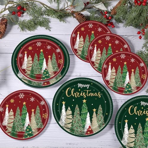 Christmas Paper Plates 9 Inch & 7 Inch Set of 50 Red Green Holiday Party Supplies