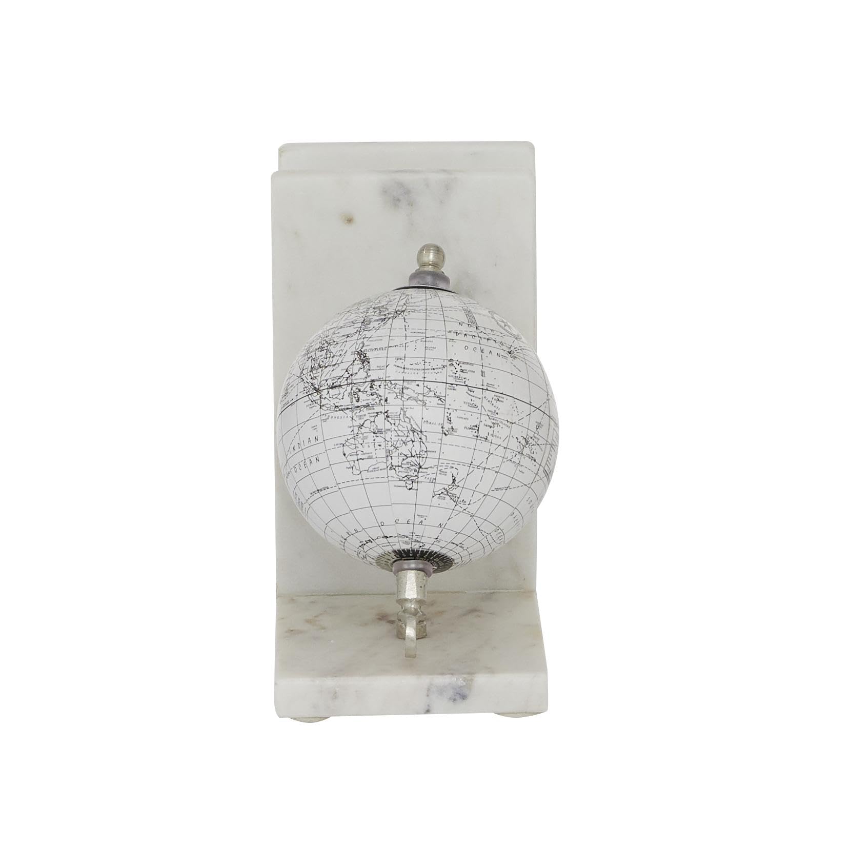 Deco 79 Marble Globe Decorative Bookends Non Skid Bookends with Silver Metal Accents, Set of 2 Office Bookends5"W, 7"H, White