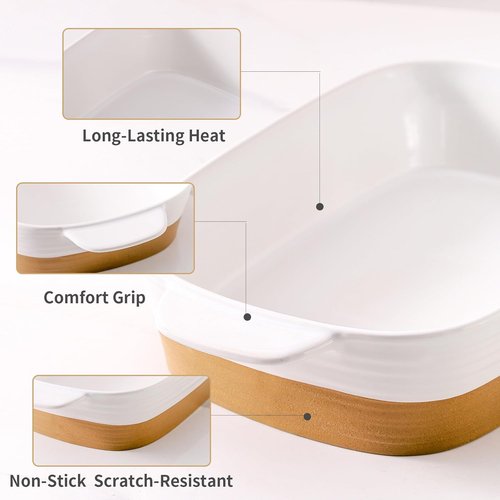 Hasense Ceramic Baking Dish - Non-Stick 11.8x8.7 Lasagna Pan with Handle | 3.4 Qt Casserole Bakeware, White