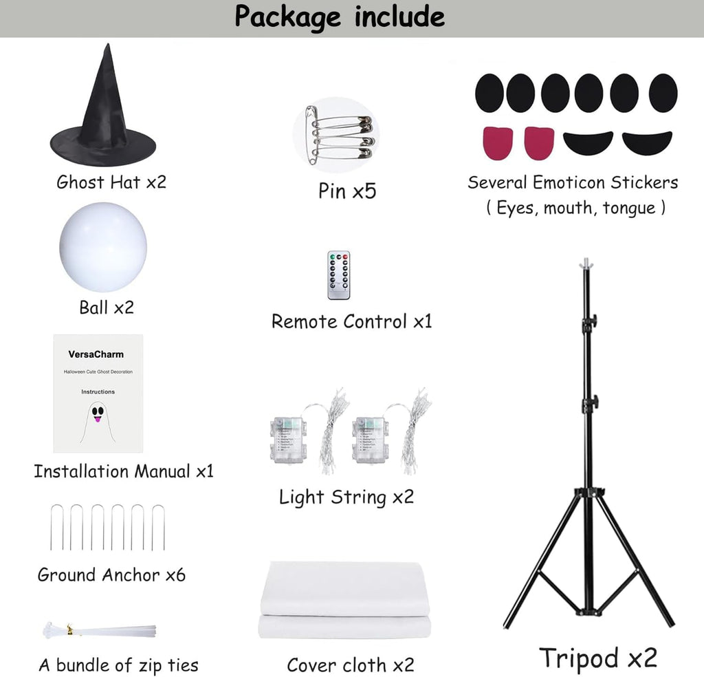 VersaCharm Halloween Ghost LED String Lights - Spooky Indoor/Outdoor Decor with Remote Control | 2 Pack White