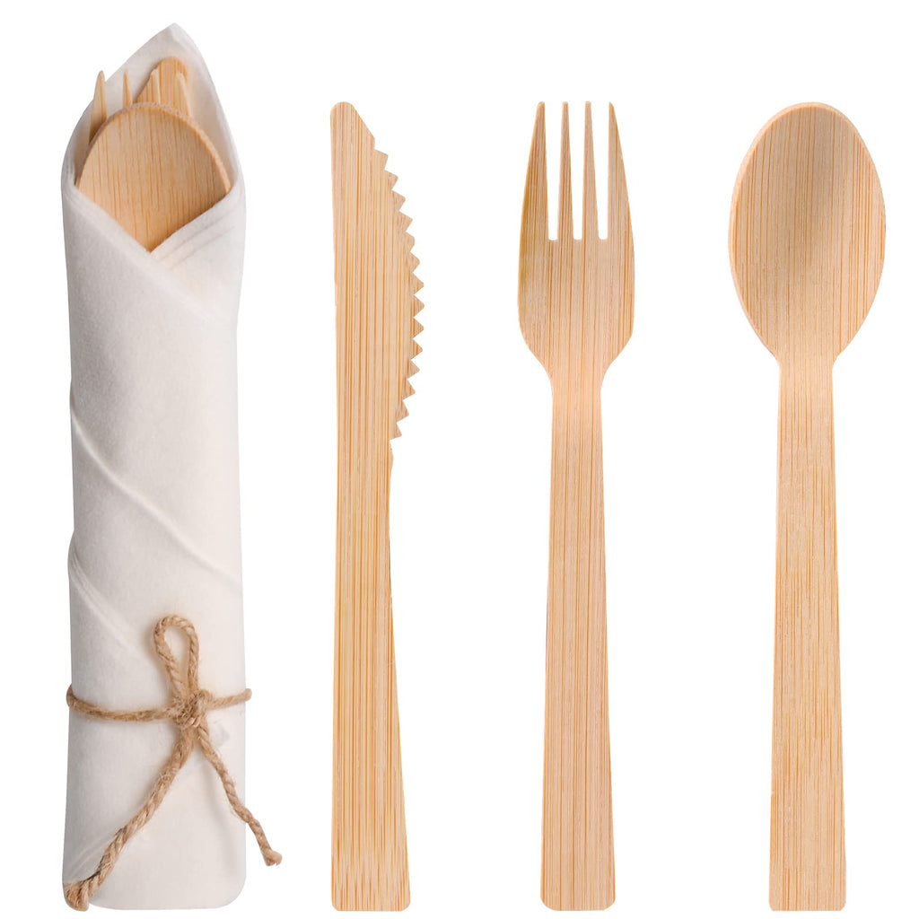 Pre Rolled Napkin and Bamboo Cutlery Set - 50Pack Bamboo Utensils/Compostable Cutlery(50 Forks, 50 Knives, 50 Spoons, 50 Napkins), Biodegradable Wrapped Cutlery for Party, Wedding, Events