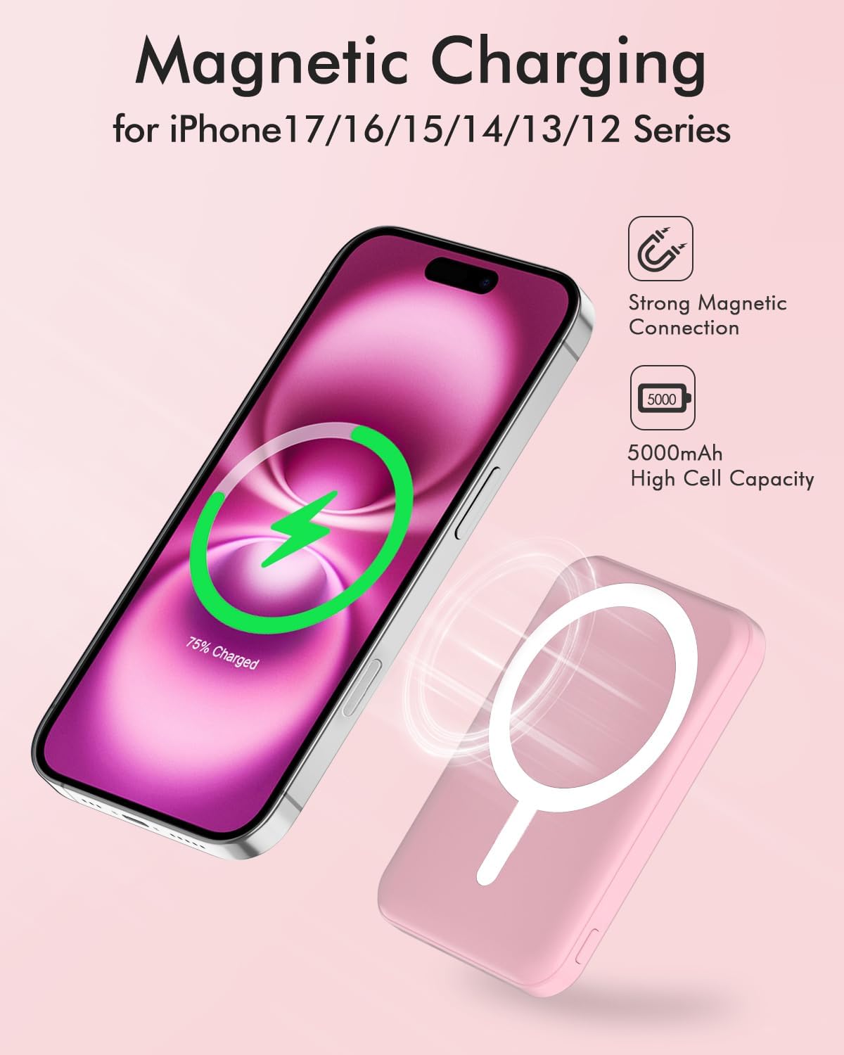 Podoru Magnetic Power Bank - 5000mAh Magsafe Battery Pack with 20W Fast Charging | Pink