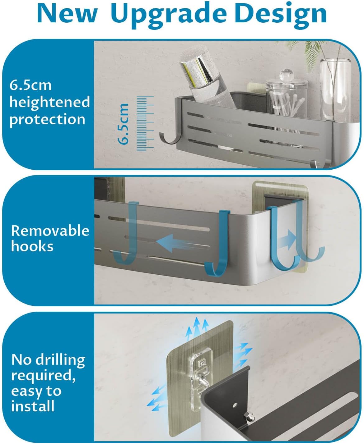 Onemake Shower Caddy - Rustproof Aluminum Bathroom Organizer with Removable Hooks | Grey