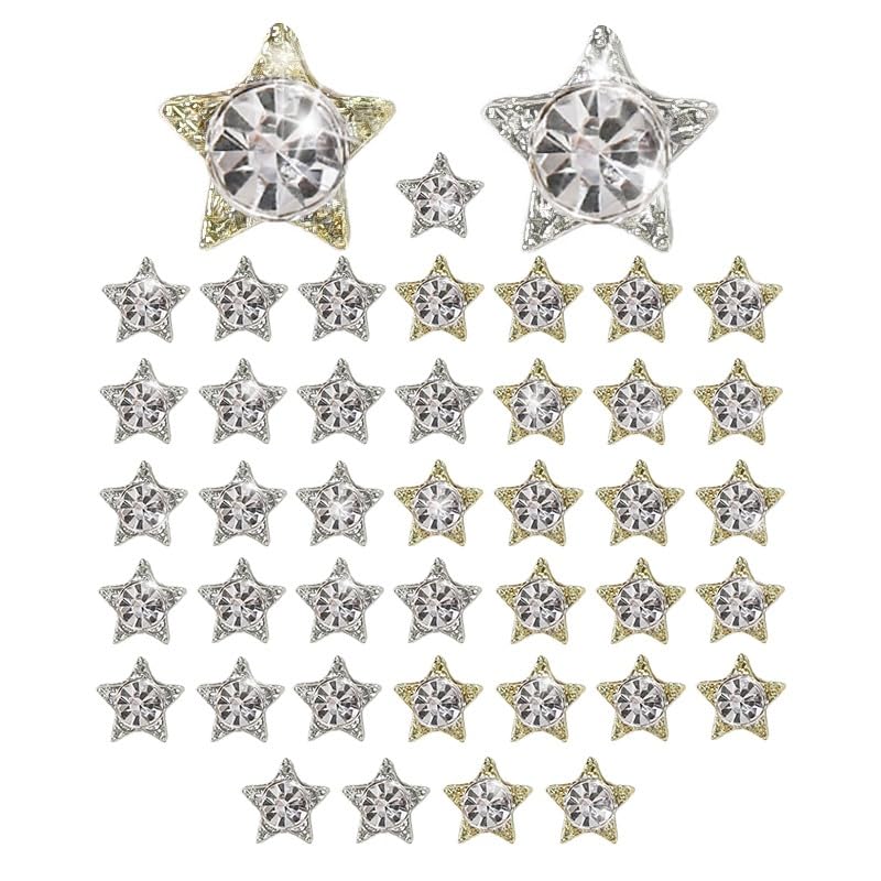 qiipii 40Pcs 3D Tiny Star Nail Charms Silver Golden Crystal Rhinestones