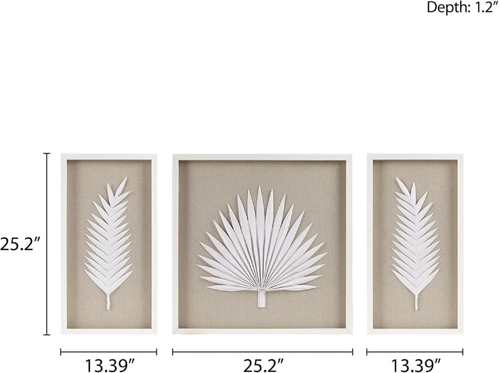 Madison Park Sabal Floral Wall Art - Handmade Canvas Palm Natural Rice Paper Shadow -Box Set, Glass, Wood Frame, Linen Base, Botanical Modern Room Decor for Hallway, Bedroom Accent, Off White 3 Piece