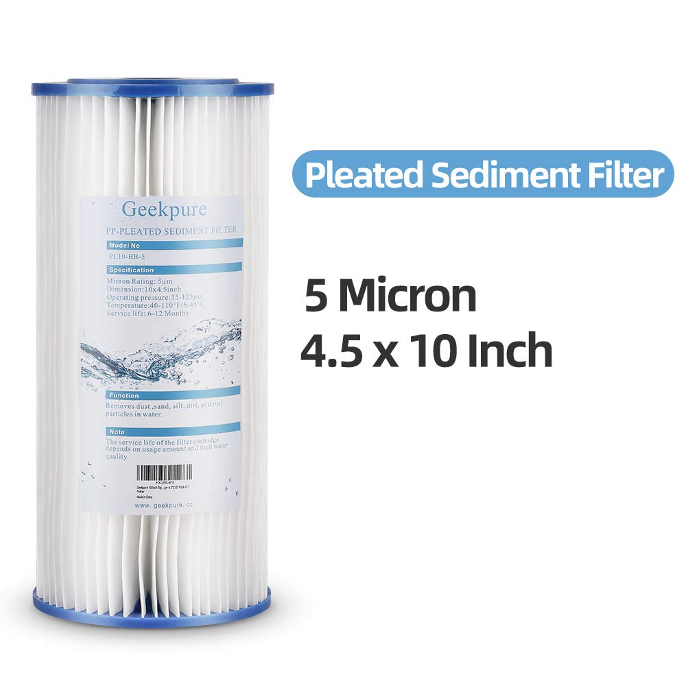 Geekpure 10-Inch Whole House Pleated PP Sediment Replacement Filter-4.5" x 10"-5 Micron-Pack of 4