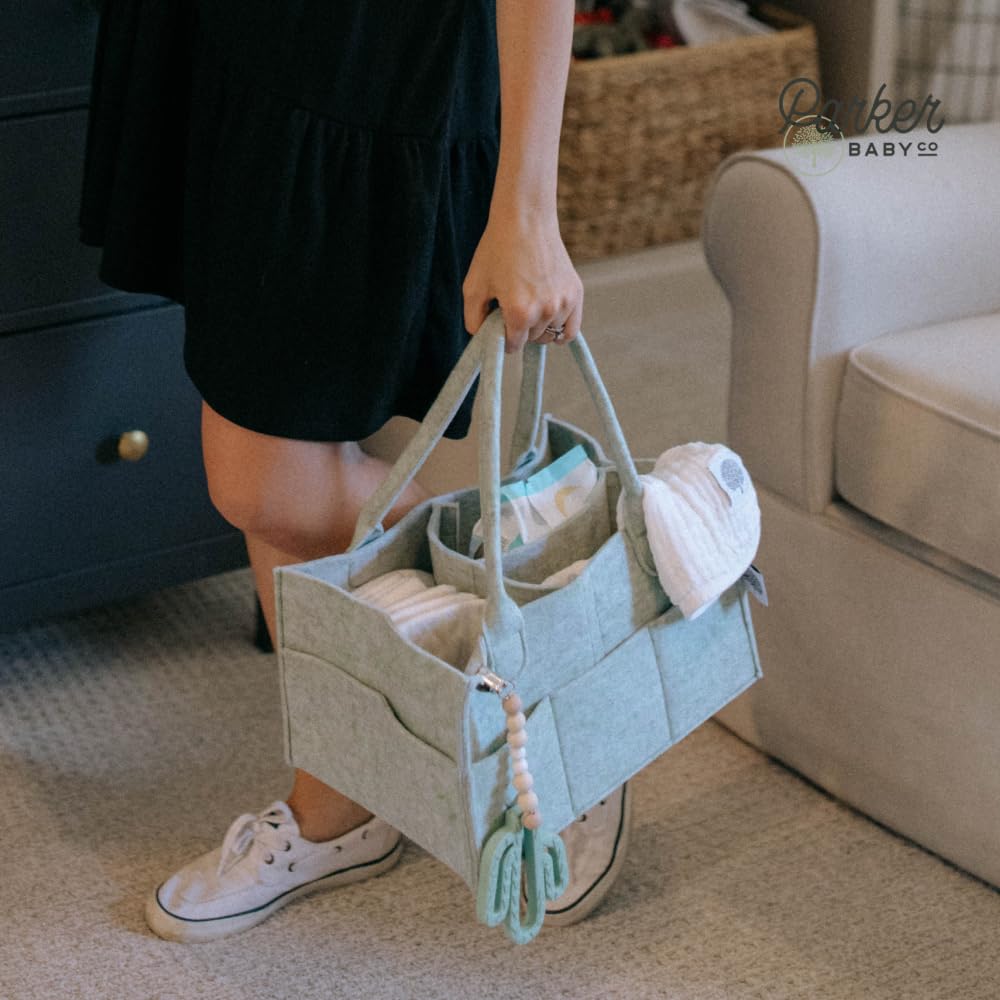 Parker Baby Diaper Caddy - Large Nursery Storage Bin & Car Organizer for Diapers & Wipes - Sage Green