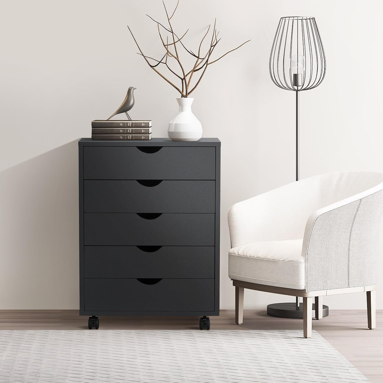5 Drawer Chest, Office File Cabinets Wooden, Dressers Storage Cabinet, Drawers Wood Organization Furniture, Storage Cabinet Dressers with Wheels, Mobile Organizer Drawers for Bedroom, Black